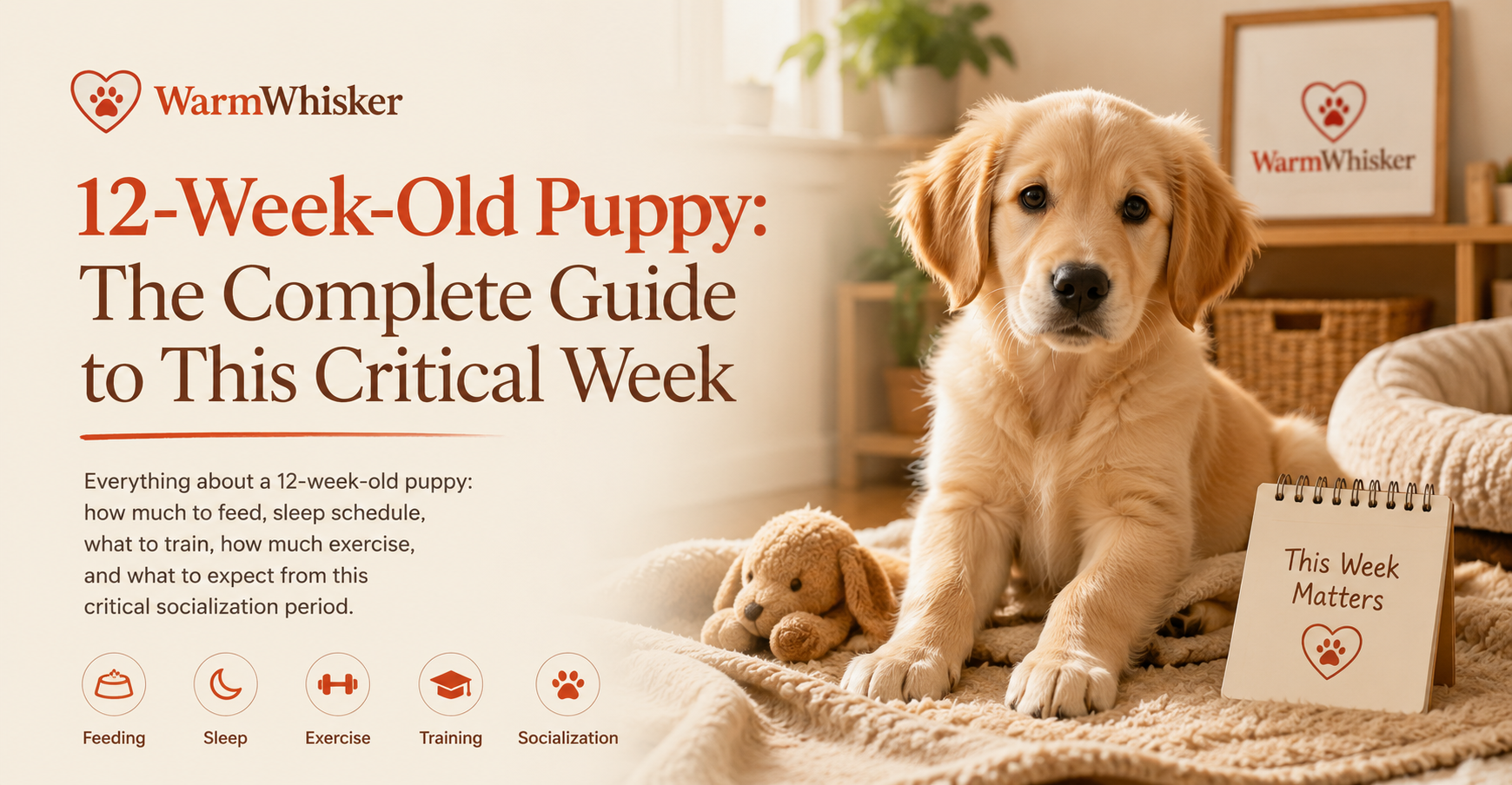 A 12-week-old puppy sitting alert on a soft rug, ears perked and looking curious, showing the coordinated posture typical of this developmental stage