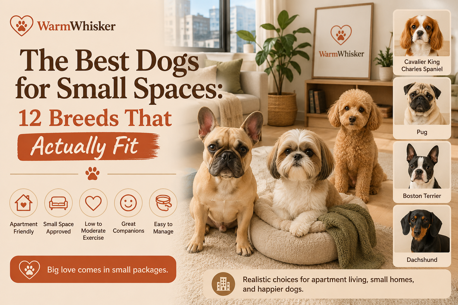 A small, calm dog sitting comfortably on a couch in a compact, well-lit apartment living room, illustrating how a breed suited to small spaces fits into everyday life