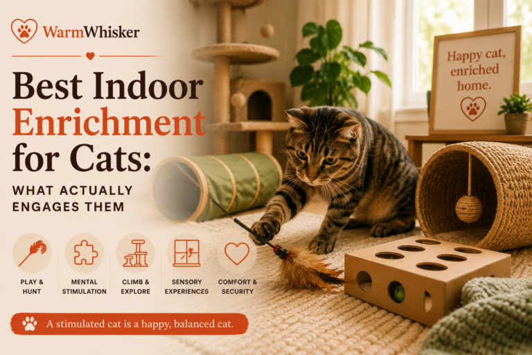 Indoor enrichment for cats with climbing furniture, puzzle toys, tunnels, and interactive play.