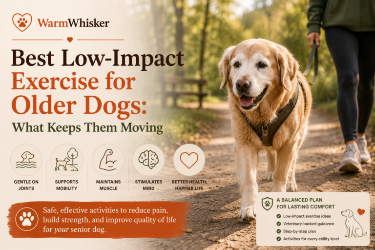 Low-impact exercise for older dogs with gentle walking to support mobility and joint health.