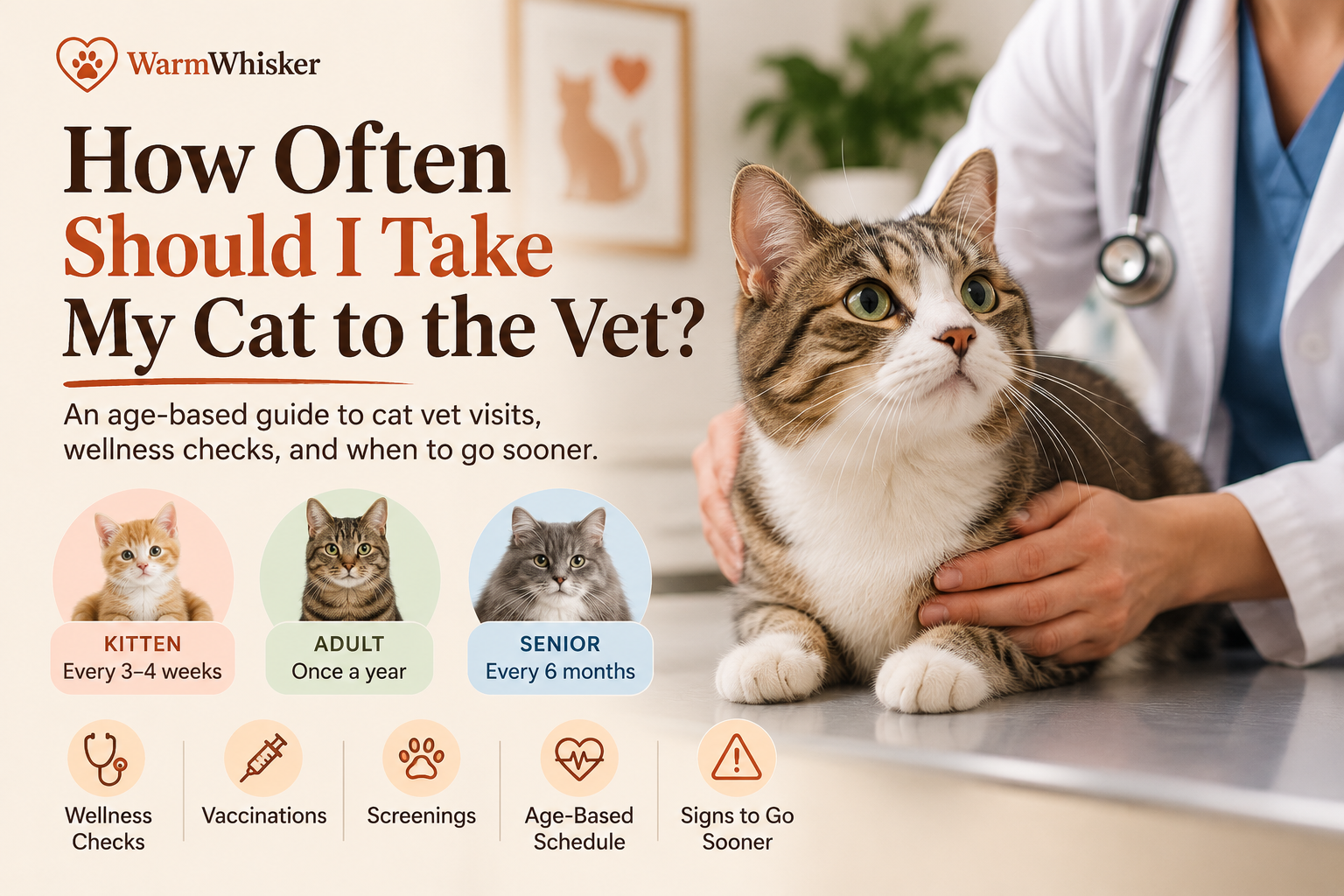 A calm cat on an exam table being gently examined by a veterinarian, illustrating a routine wellness visit in a clean vet clinic