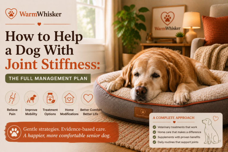 Helping a senior dog with joint stiffness using orthopedic support, gentle care, and mobility management.