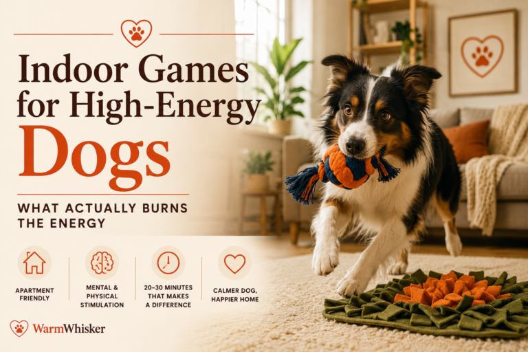 Indoor games for high-energy dogs using puzzle toys, tug play, and enrichment activities in a cozy home.