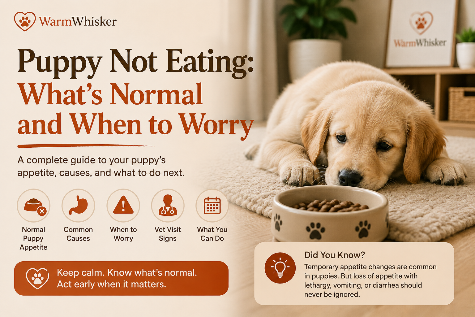 A young puppy sitting next to a full food bowl but not eating, looking away, illustrating the common concern of appetite refusal in new puppies