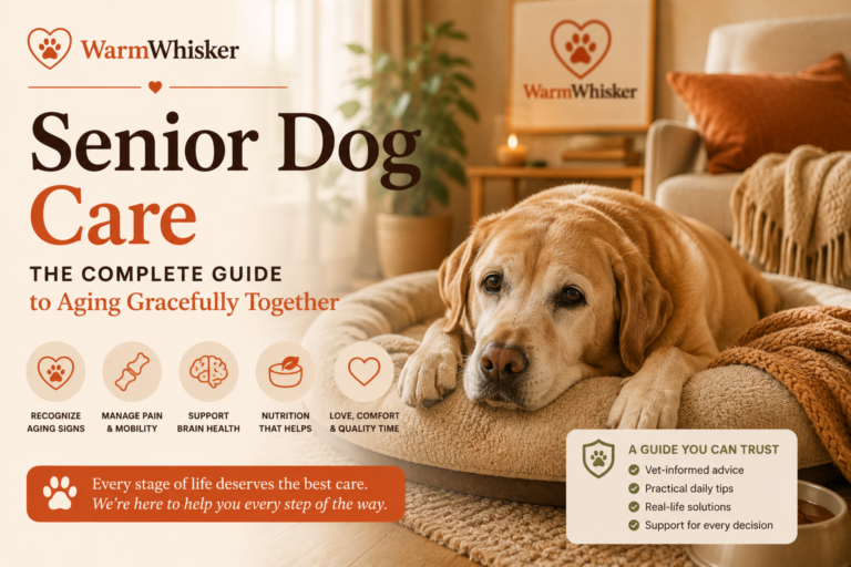Senior dog resting comfortably on an orthopedic bed, illustrating compassionate senior dog care.