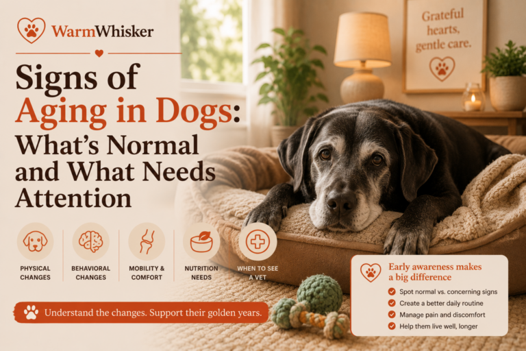 Senior dog showing common signs of aging, including slower movement and grey muzzle.
