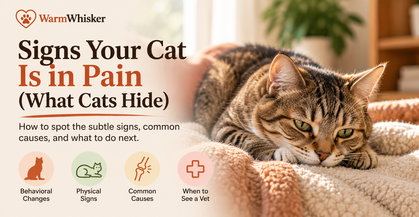 A cat sitting in a hunched position with squinted eyes and flattened posture, illustrating the subtle physical signs that can indicate a cat is in pain