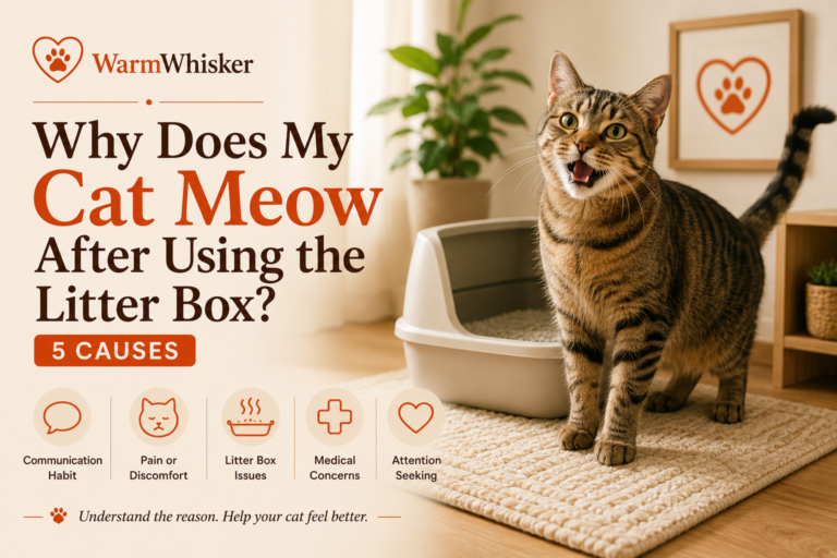 Cat meowing after using the litter box, illustrating common reasons for post-litter box vocalization.