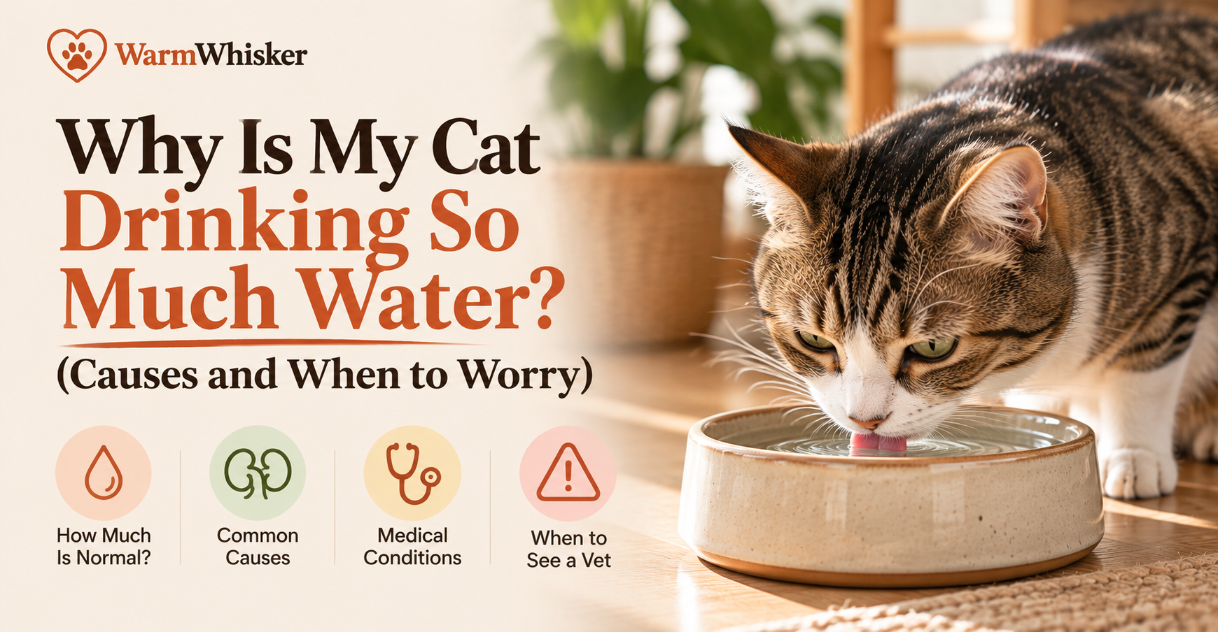 A cat drinking from a ceramic water bowl in a well-lit kitchen, illustrating normal cat drinking behavior with the water level clearly visible