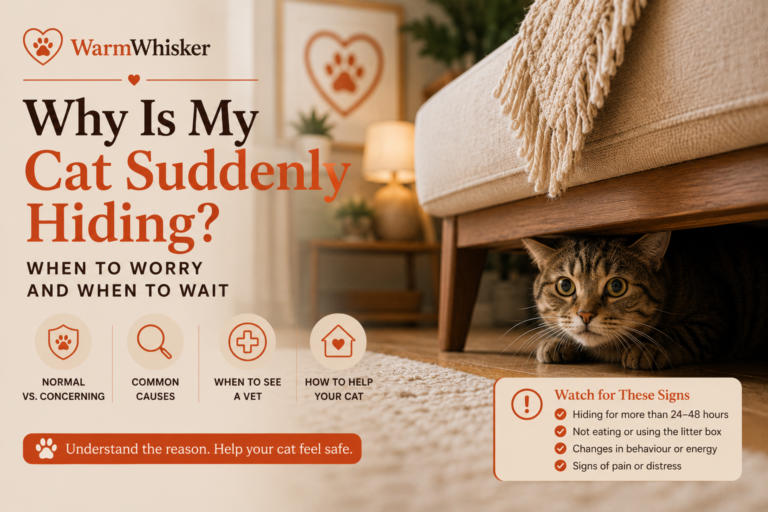 Cat hiding under a sofa, illustrating common causes of sudden hiding behavior in cats.