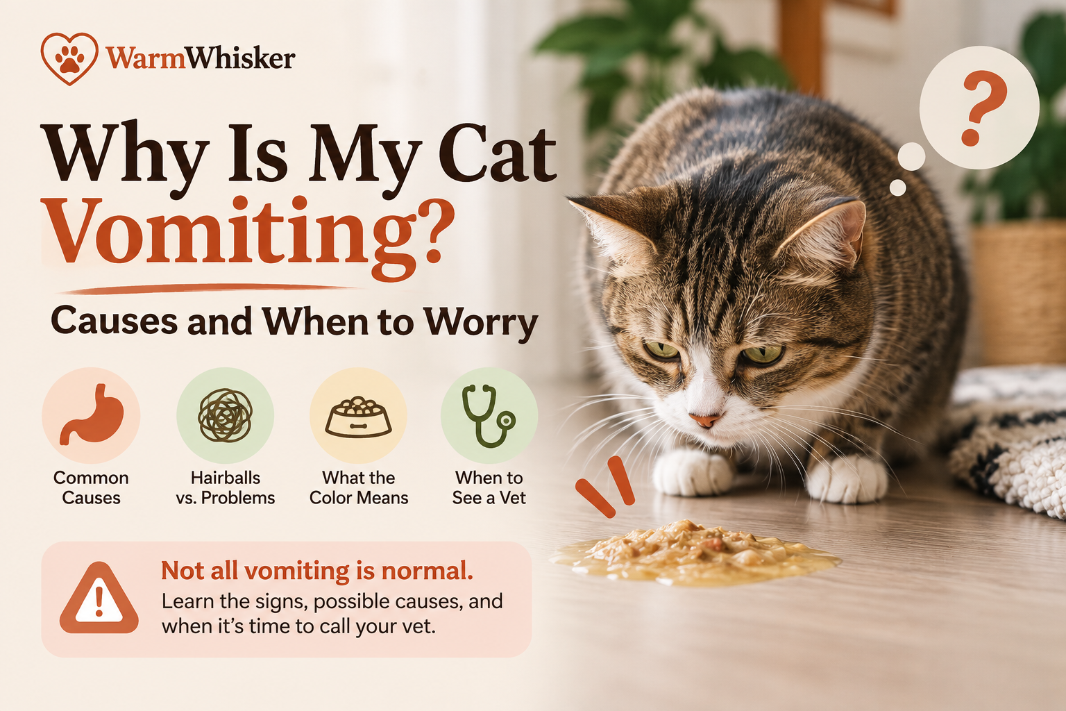 A cat sitting hunched next to a small mat on a wooden floor, illustrating the position cats adopt before vomiting and the importance of monitoring frequency